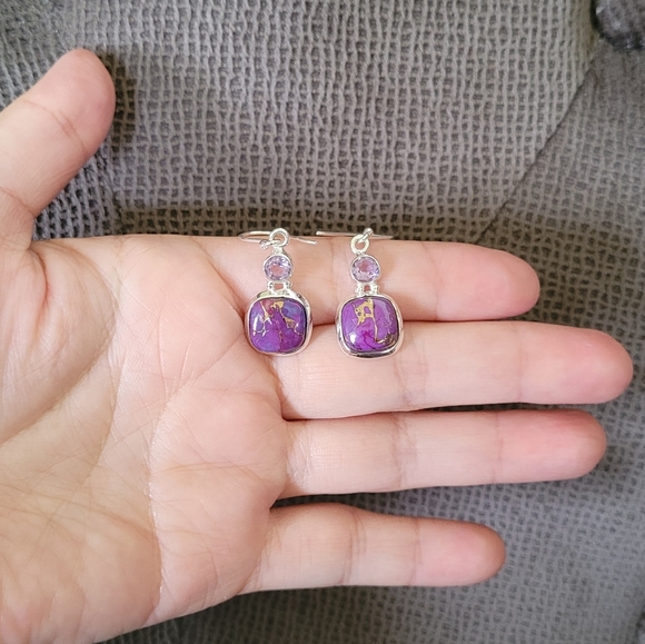 Shivam Square Shaped Purple💜 Copper Turquoise With Gold💛 Veins Earrings - Picture 11 of 16